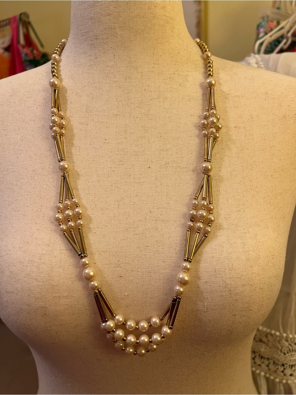 Vintage Signed Korea Classic Gold and Pearl Long Necklace